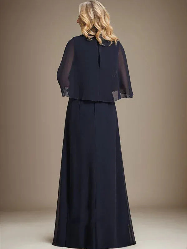 Elegant A-line V-neck Chiffon Capelet Navy Floor-length Mother of the Bride Dress for Women Ready to Ship