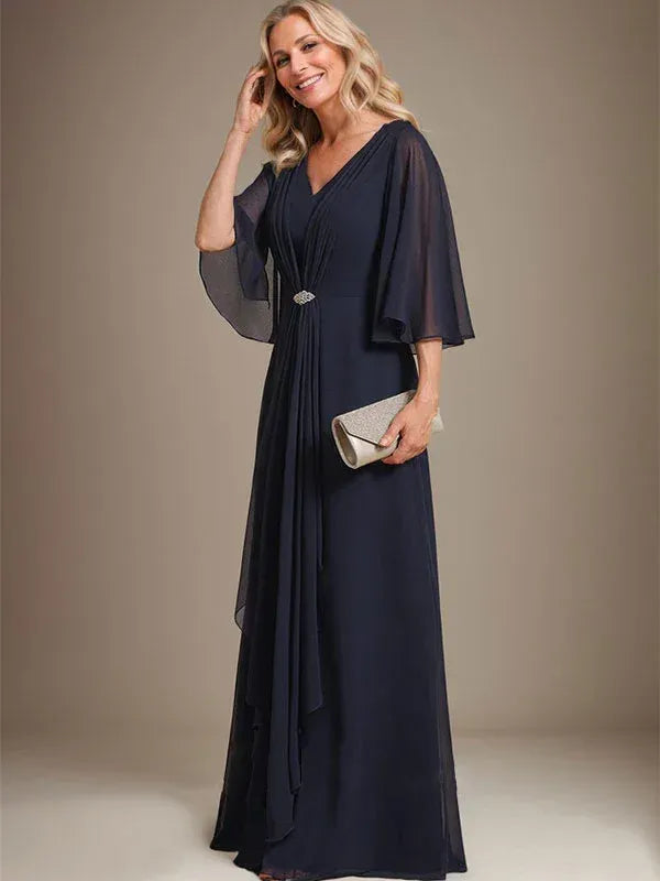 Elegant A-line V-neck Chiffon Capelet Navy Floor-length Mother of the Bride Dress for Women Ready to Ship