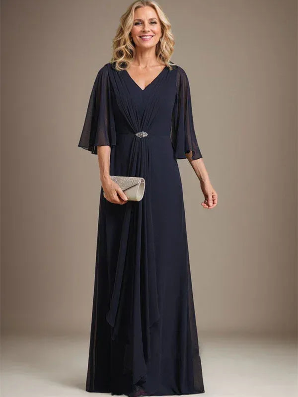 Elegant A-line V-neck Chiffon Capelet Navy Floor-length Mother of the Bride Dress for Women Ready to Ship