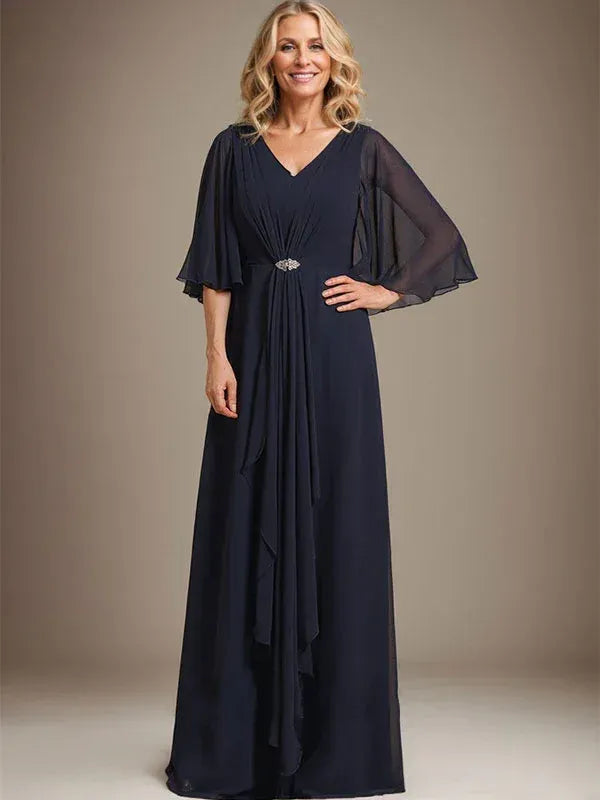 Elegant A-line V-neck Chiffon Capelet Navy Floor-length Mother of the Bride Dress for Women Ready to Ship