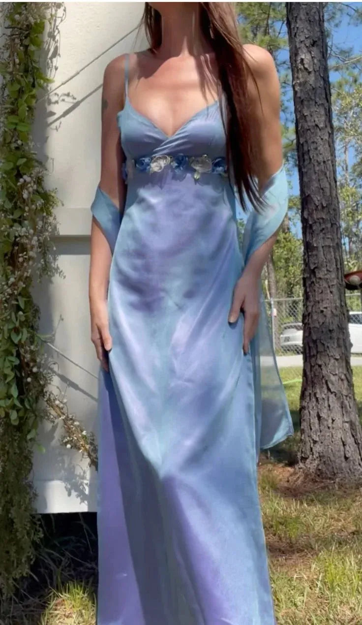 Elegant A-line V-neck Floral Applique Ombre Blue Maxi Prom Dress