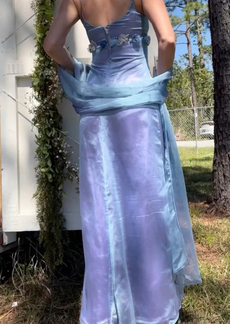Elegant A-line V-neck Floral Applique Ombre Blue Maxi Prom Dress