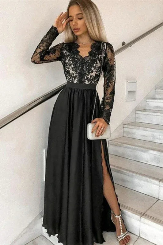 Elegant A-line V-neck Lace Black Evening Dress For Ladies Hot Sale