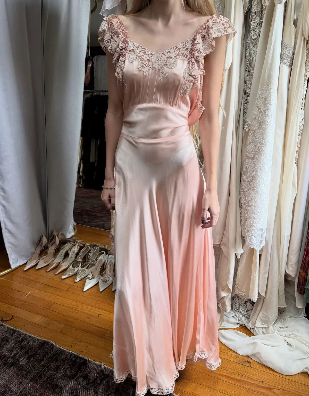Elegant A-line V-neck Lace Ruffle Blush Floor Prom Dress For Sale