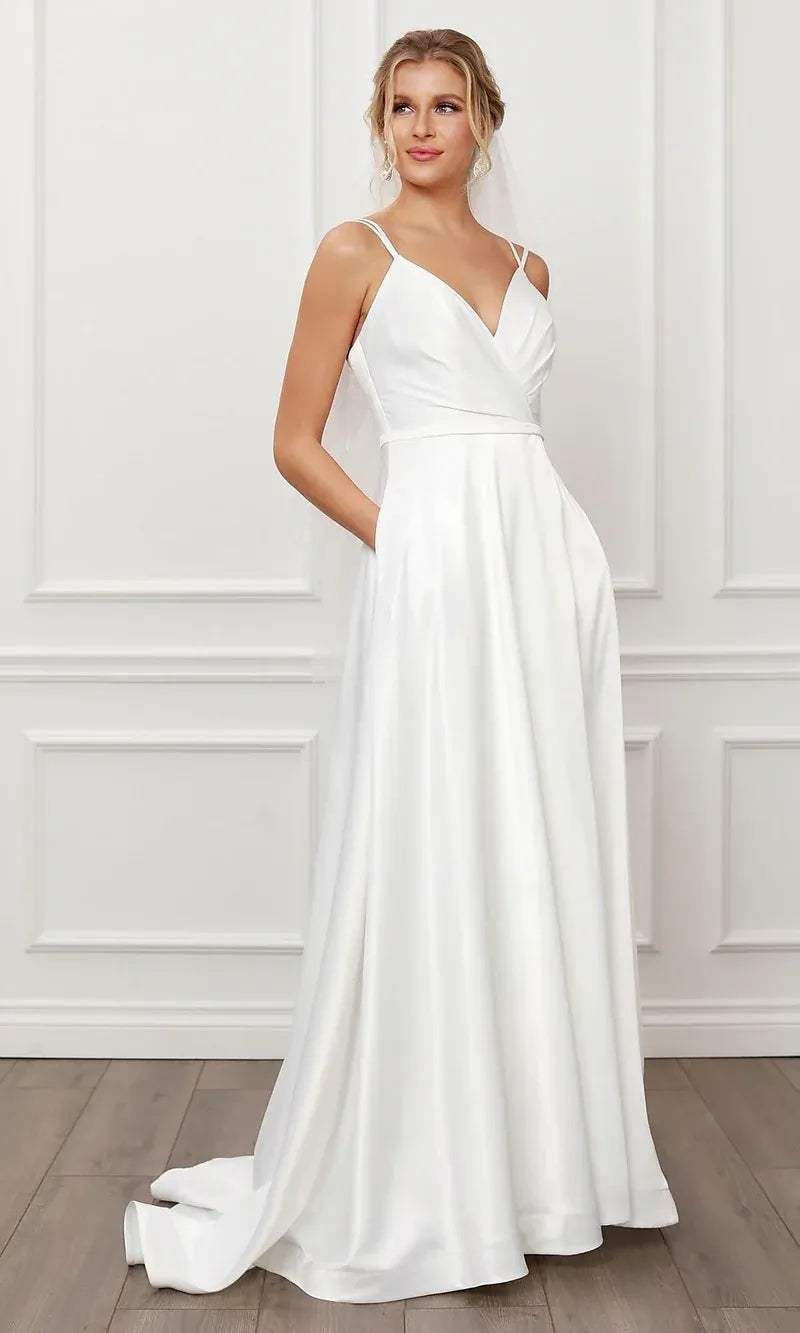 Elegant A-line V Neck White Floor Length Evening Dress With Pockets Hot Sale