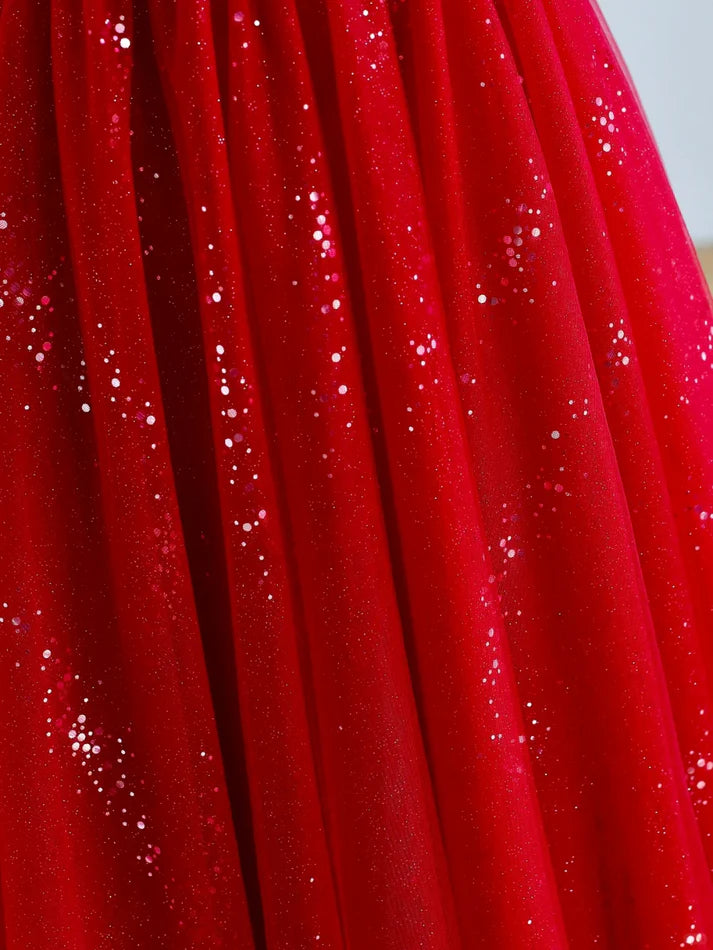 Elegant A-line V Neckline Short Sleeves Tulle Red Prom Dress Evening Dress