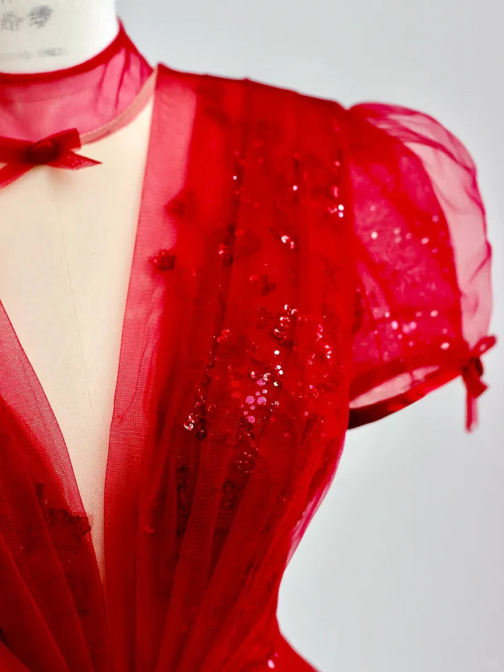 Elegant A-line V Neckline Short Sleeves Tulle Red Prom Dress Evening Dress
