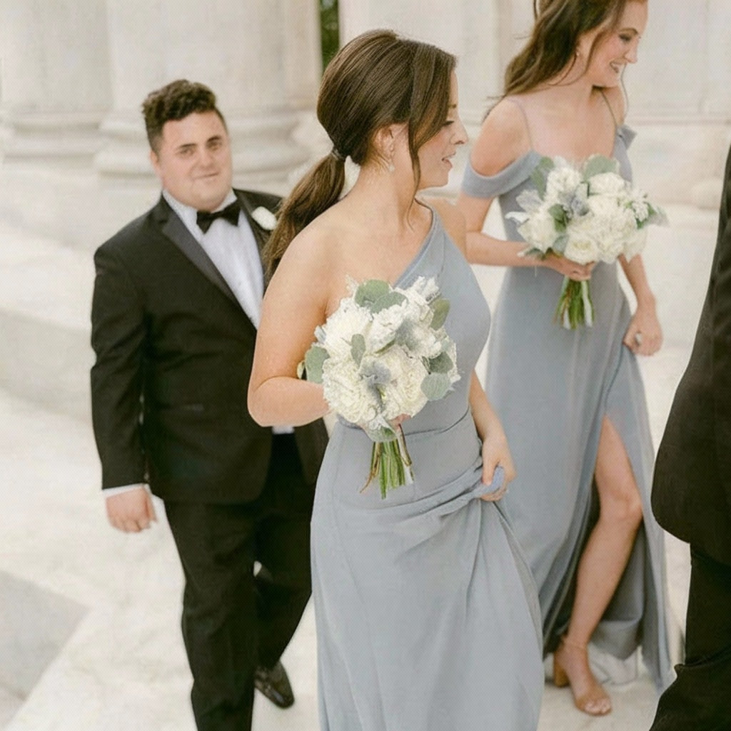 Elegant A Line Chiffon Steel Blue Floor Length Bridesmaid Dress Custom