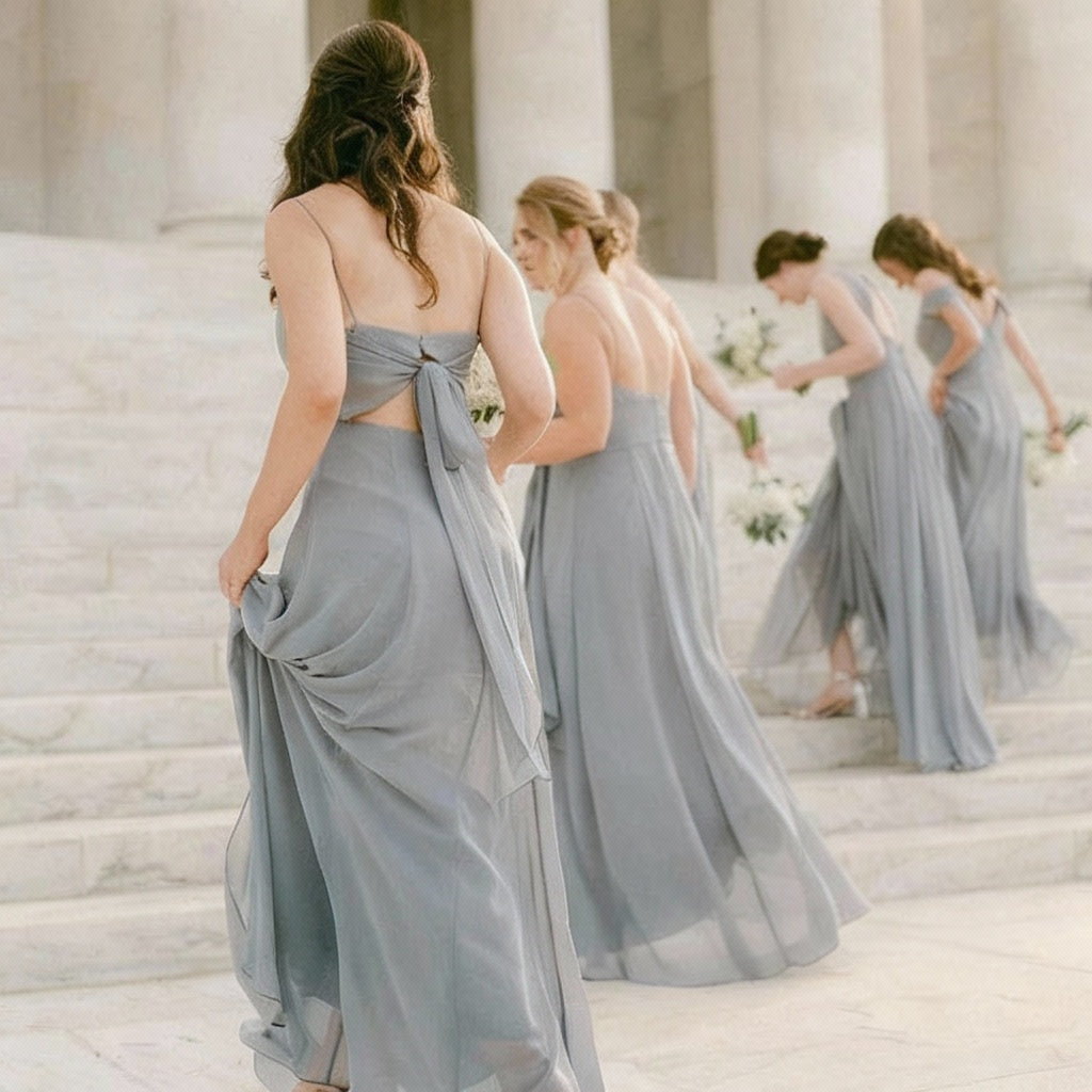 Elegant A Line Chiffon Steel Blue Floor Length Bridesmaid Dress Custom