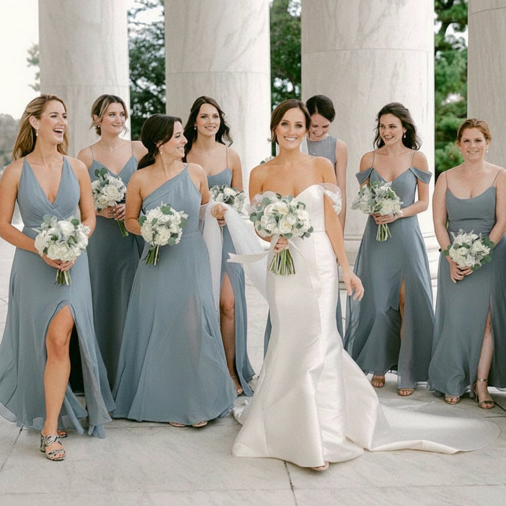 Elegant A Line Chiffon Steel Blue Floor Length Bridesmaid Dress Custom
