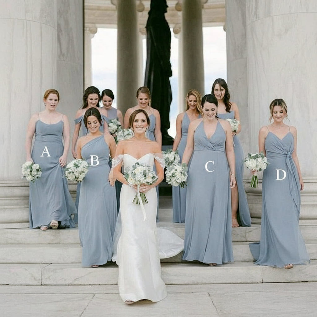 Elegant A Line Chiffon Steel Blue Floor Length Bridesmaid Dress Custom