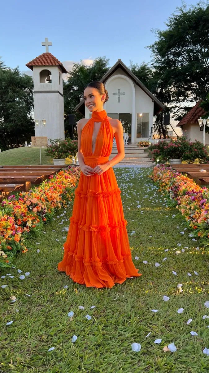 Elegant A Line Halter Keyhole Hollow Tiered Chiffon Orange Floor Length Prom Dress