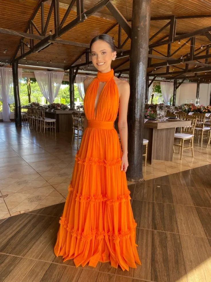 Elegant A Line Halter Keyhole Hollow Tiered Chiffon Orange Floor Length Prom Dress