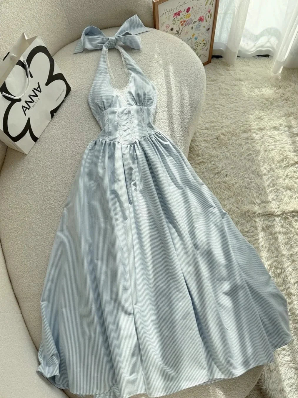 Elegant A Line Halter Striped Lace Long Party Dress Prom Dress For Ladies