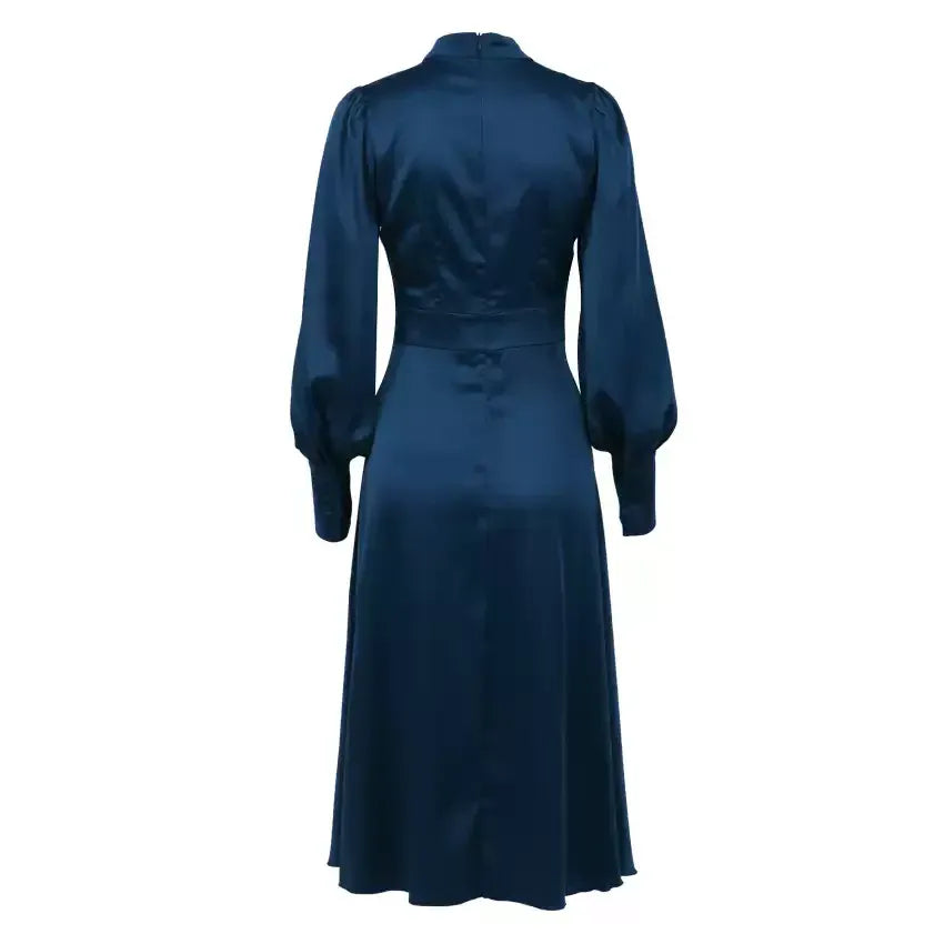 Elegant A Line High Neck Long Sleeves Keyhole Navy Blue Ankle Length Prom Dress