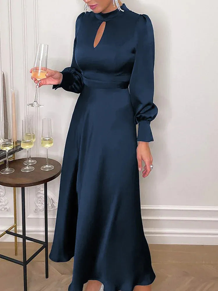 Elegant A Line High Neck Long Sleeves Keyhole Navy Blue Ankle Length Prom Dress