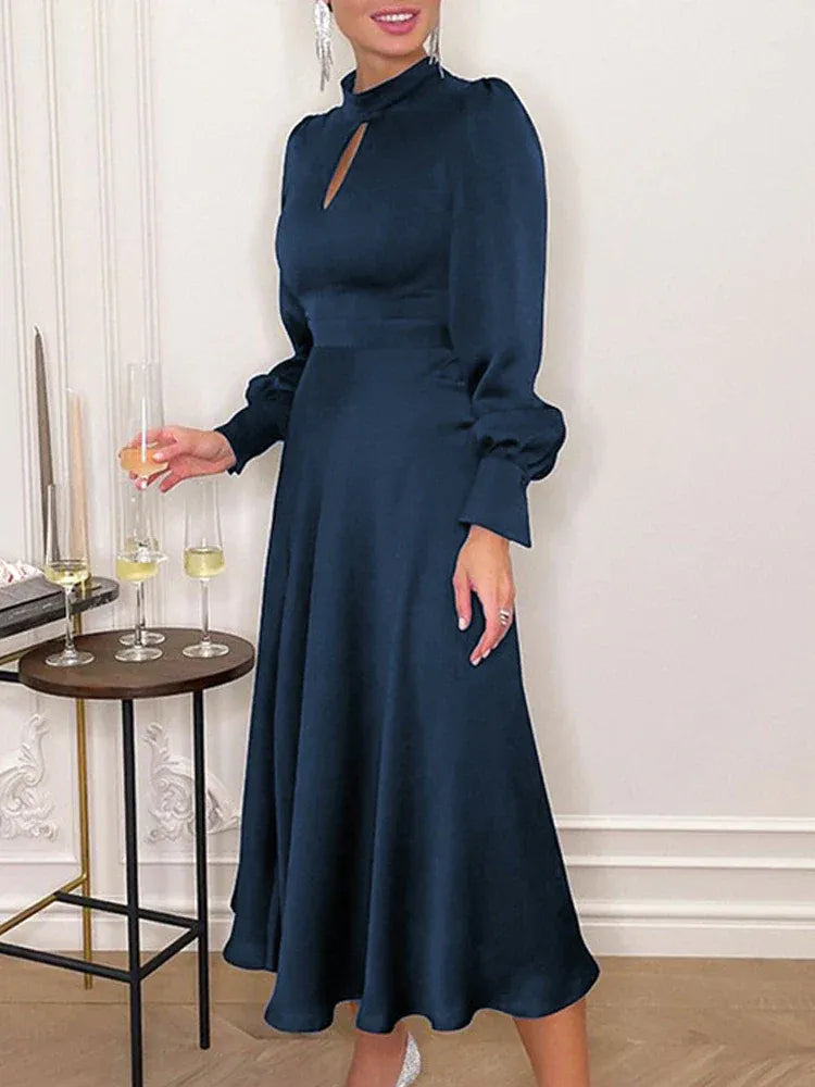 Elegant A Line High Neck Long Sleeves Keyhole Navy Blue Ankle Length Prom Dress