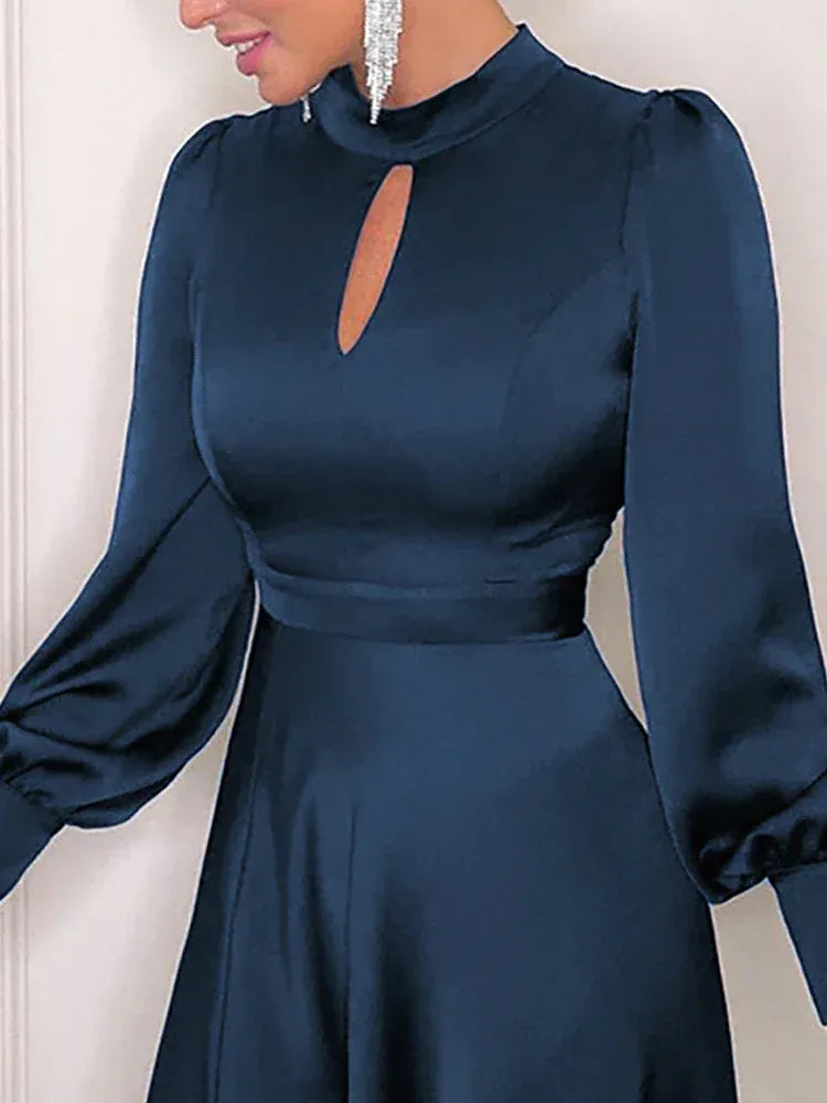 Elegant A Line High Neck Long Sleeves Keyhole Navy Blue Ankle Length Prom Dress