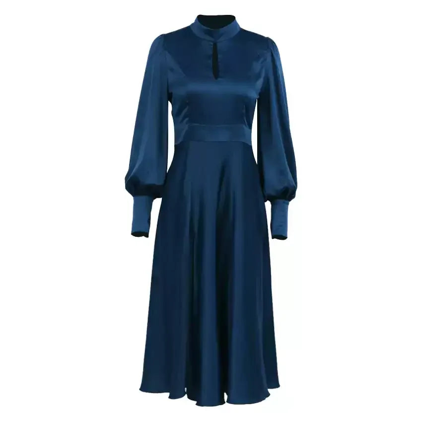Elegant A Line High Neck Long Sleeves Keyhole Navy Blue Ankle Length Prom Dress