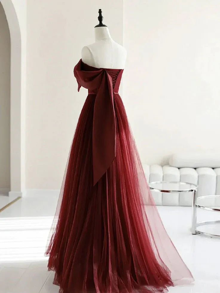 Elegant A Line One Shoulder Bow Satin Tulle Burgundy Floor Length Prom Dress