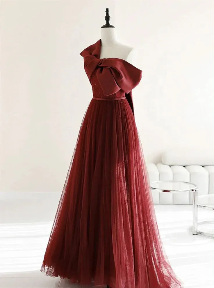 Elegant A Line One Shoulder Bow Satin Tulle Burgundy Floor Length Prom Dress