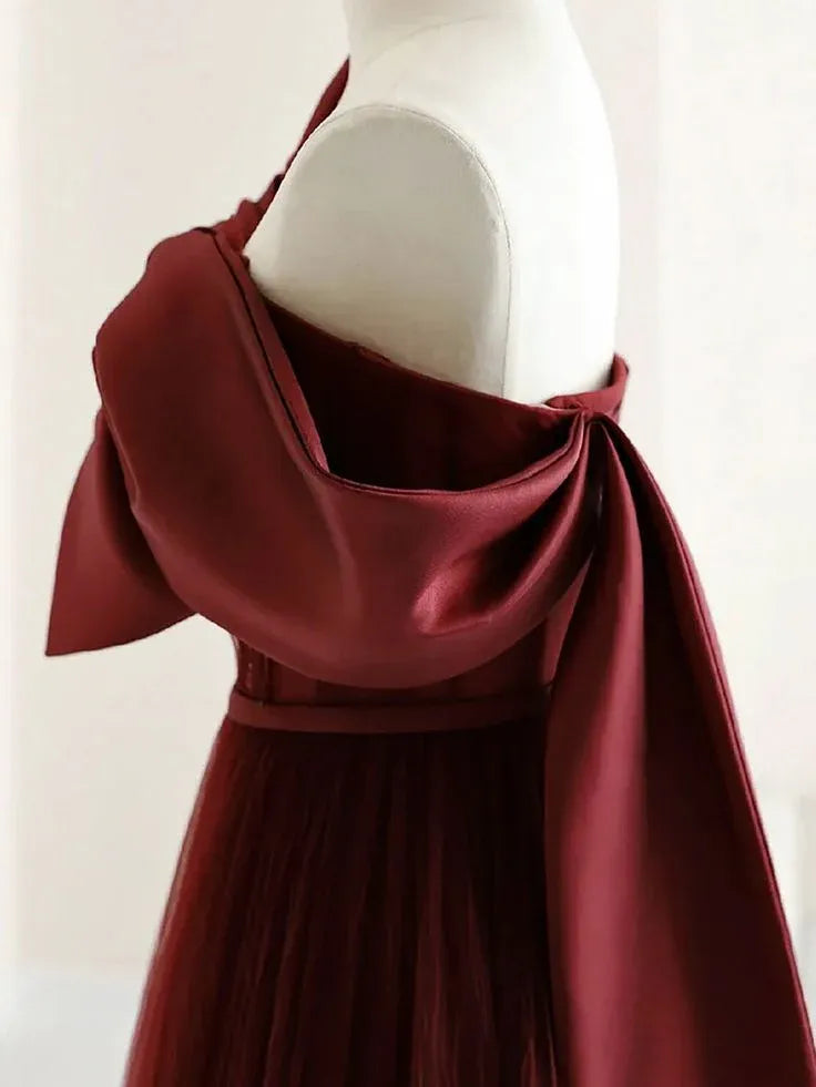 Elegant A Line One Shoulder Bow Satin Tulle Burgundy Floor Length Prom Dress