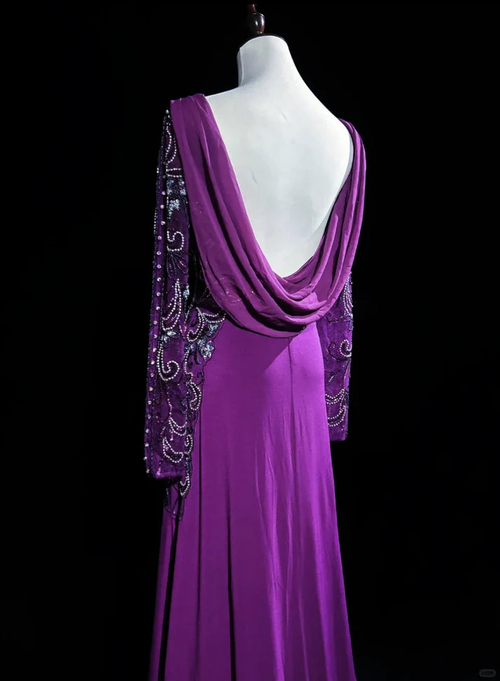 Elegant A Line Scoop Long Sleeves Chiffon Grape Prom Dress Evening Dress