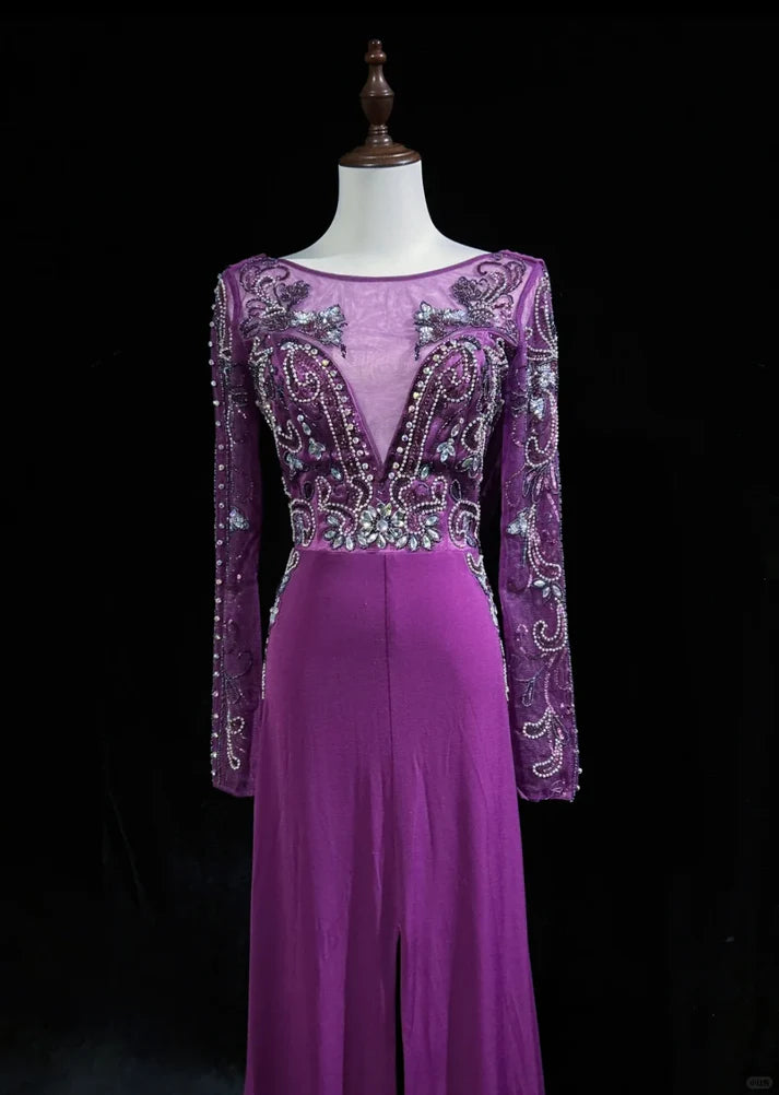 Elegant A Line Scoop Long Sleeves Chiffon Grape Prom Dress Evening Dress