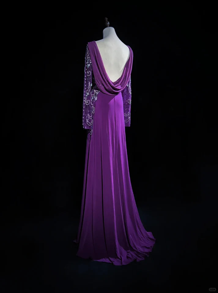 Elegant A Line Scoop Long Sleeves Chiffon Grape Prom Dress Evening Dress