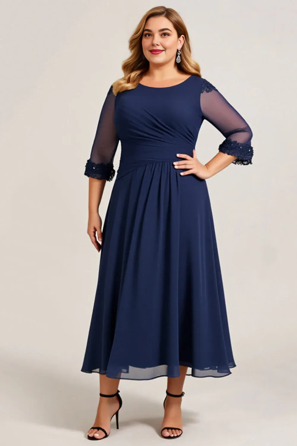 Elegant A Line Scoop Neck Long Sleeve Keyhole Back Tea-Length Plus Size Mother of the Bride Dress