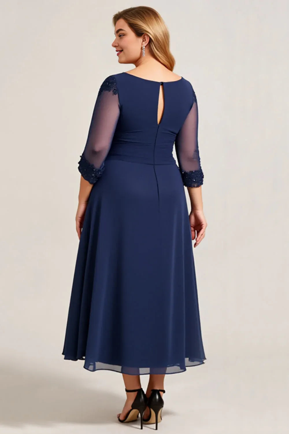 Elegant A Line Scoop Neck Long Sleeve Keyhole Back Tea-Length Plus Size Mother of the Bride Dress