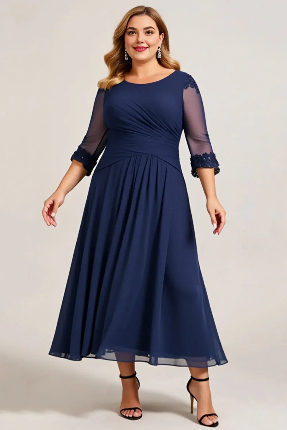 Elegant A Line Scoop Neck Long Sleeve Keyhole Back Tea-Length Plus Size Mother of the Bride Dress