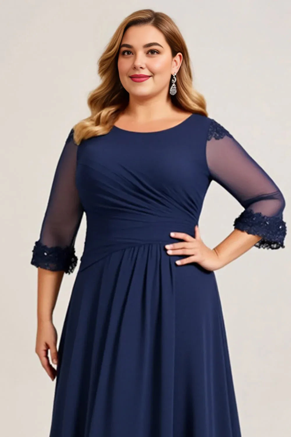 Elegant A Line Scoop Neck Long Sleeve Keyhole Back Tea-Length Plus Size Mother of the Bride Dress