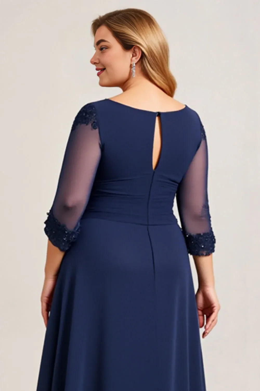 Elegant A Line Scoop Neck Long Sleeve Keyhole Back Tea-Length Plus Size Mother of the Bride Dress