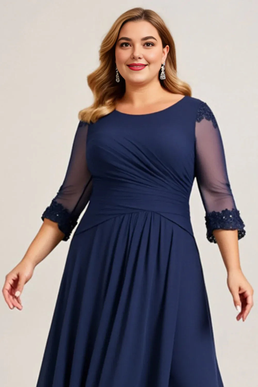 Elegant A Line Scoop Neck Long Sleeve Keyhole Back Tea-Length Plus Size Mother of the Bride Dress