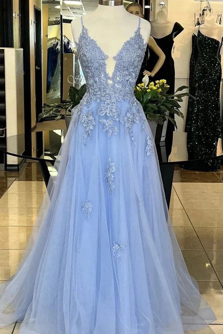 Elegant A Line Spaghetti Strap Lace Applique Tulle Light Blue Floor Length Prom Dress