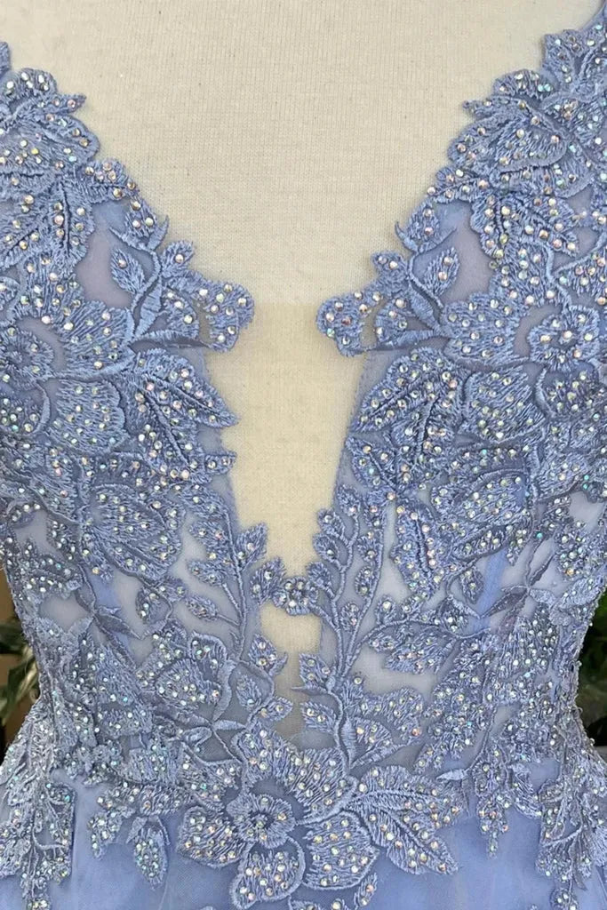 Elegant A Line Spaghetti Strap Lace Applique Tulle Light Blue Floor Length Prom Dress