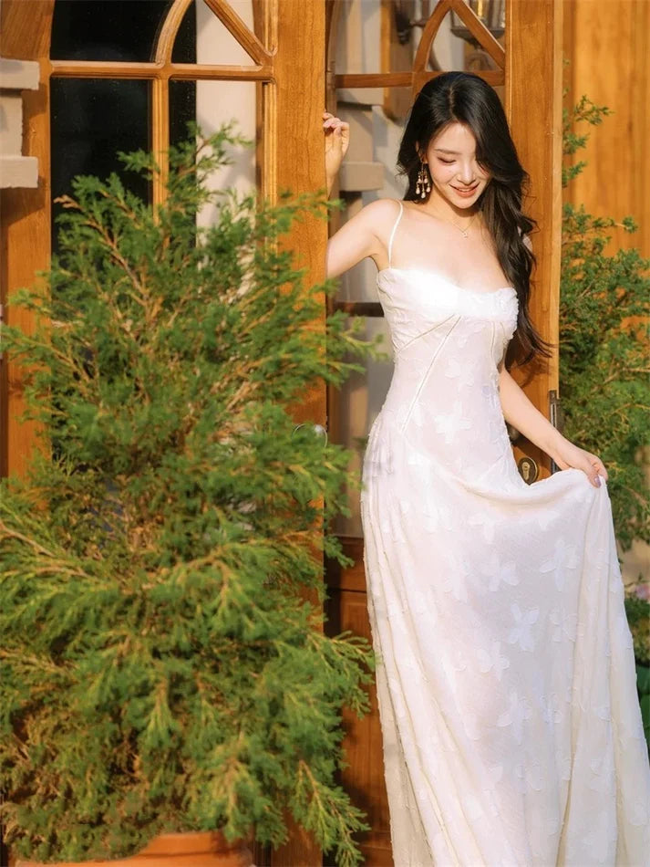 Elegant A Line Spaghetti Straps Lace White Long Evening Dress Party Dress