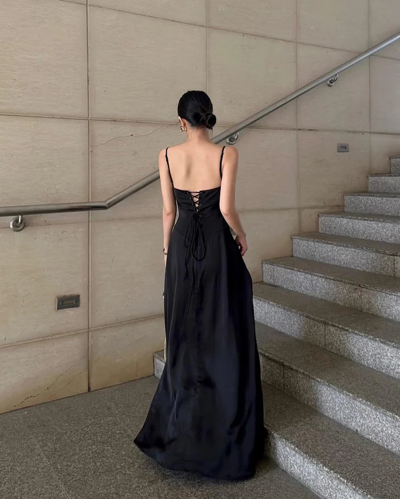 Elegant A Line Spaghetti Straps Pleated Black Long Prom Dress For Women