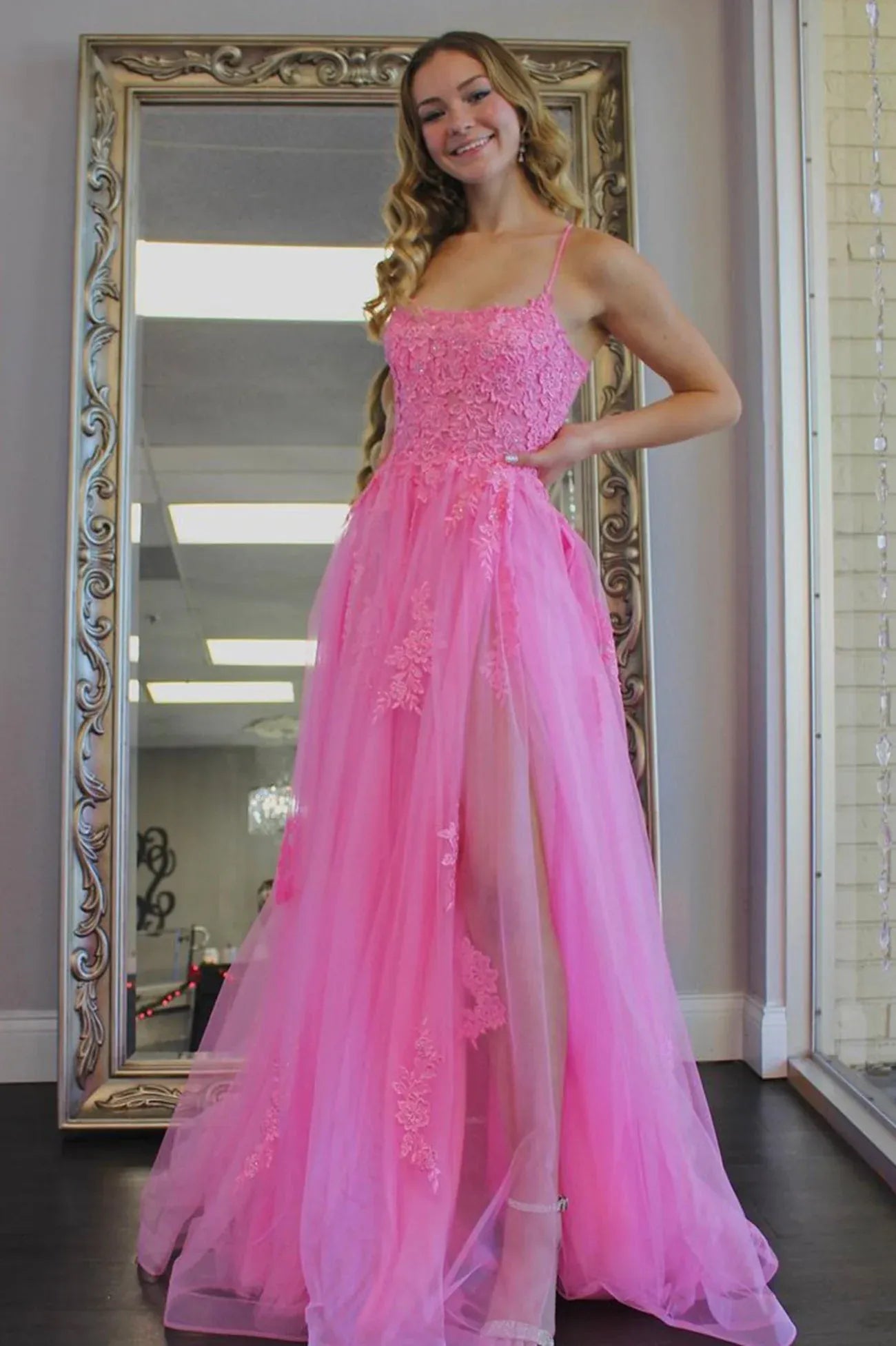 Elegant A Line Spaghetti Straps Sleeveless Lace Up Floor-Length Prom Dress