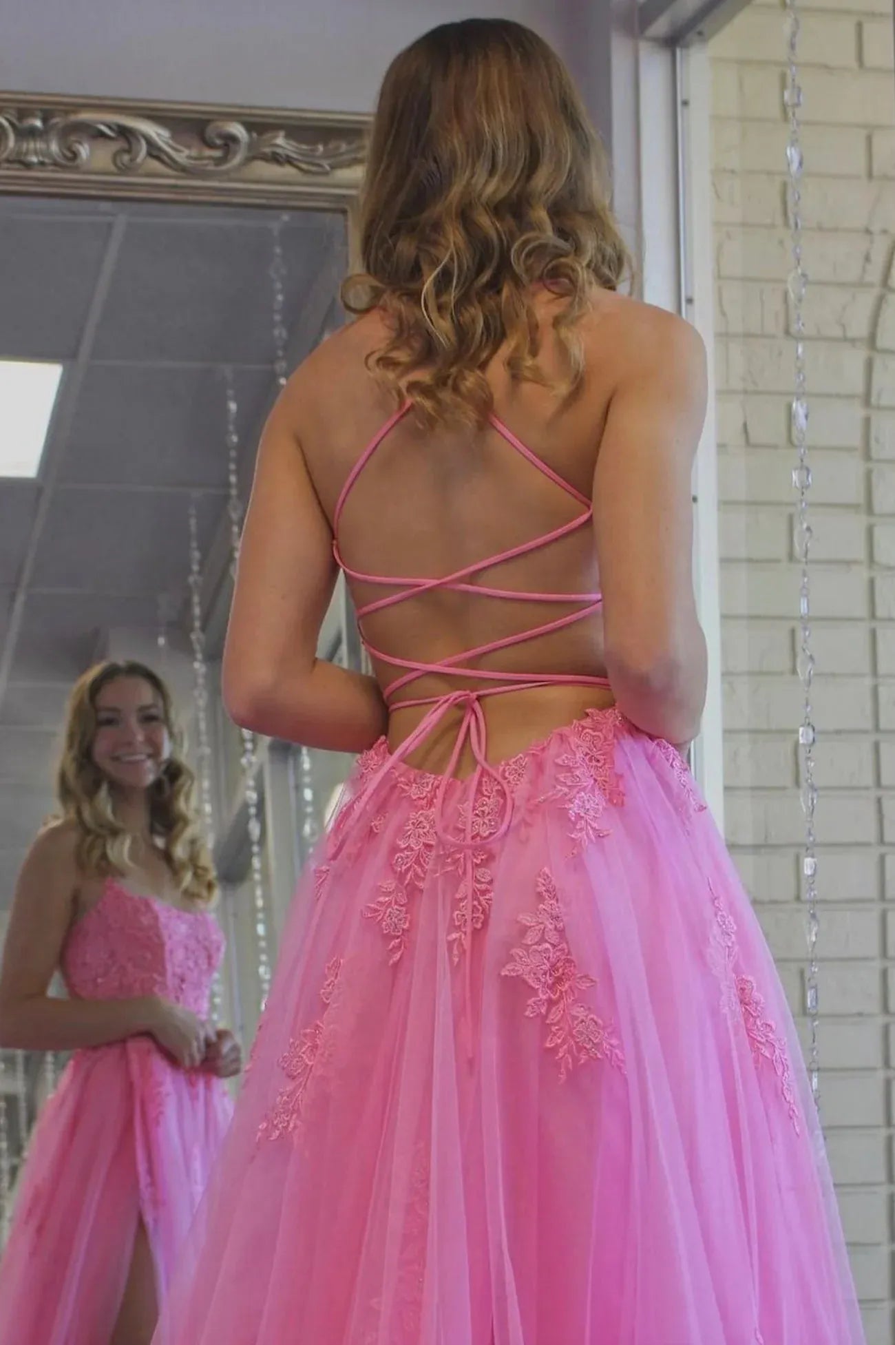 Elegant A Line Spaghetti Straps Sleeveless Lace Up Floor-Length Prom Dress