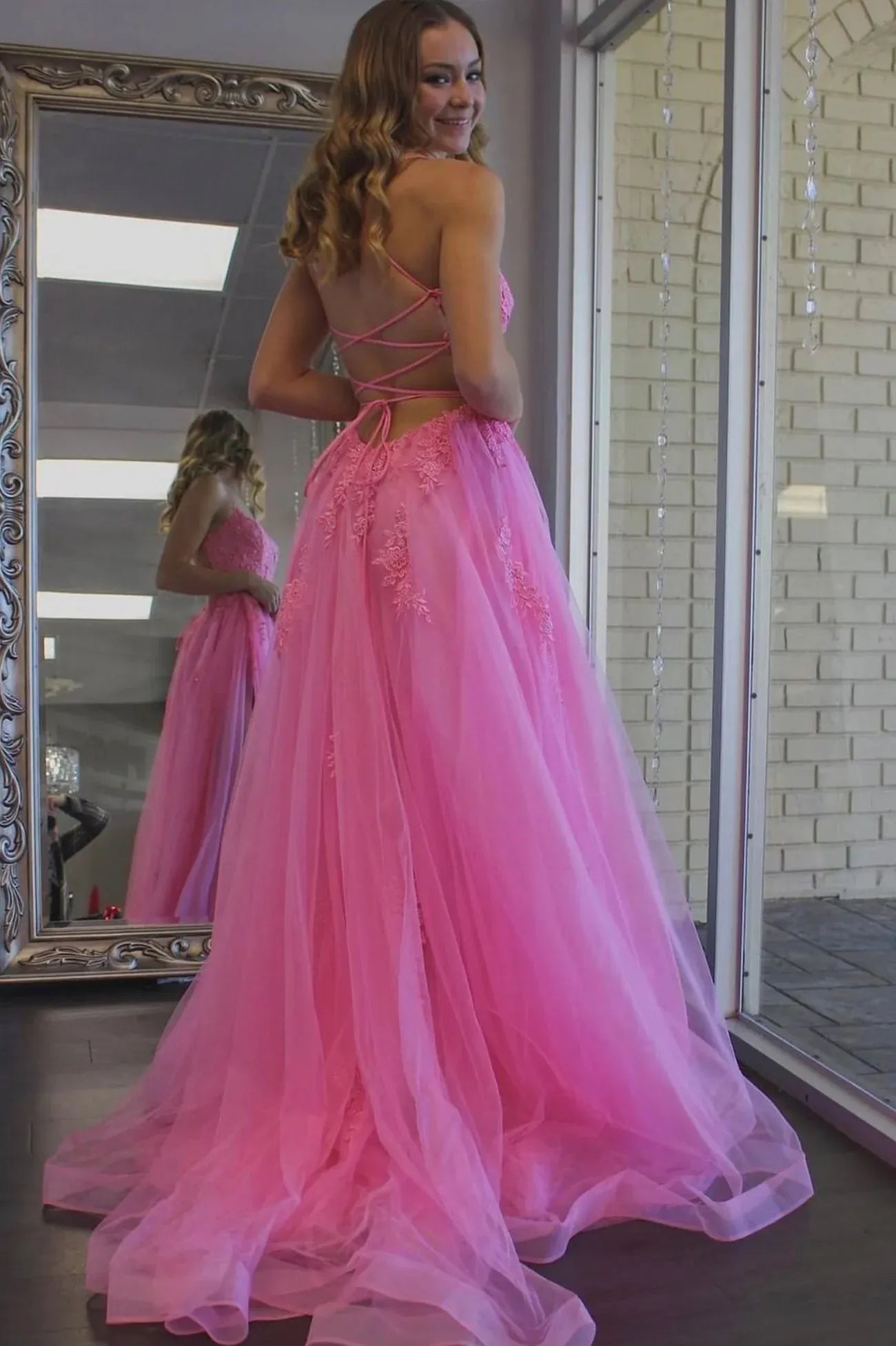 Elegant A Line Spaghetti Straps Sleeveless Lace Up Floor-Length Prom Dress