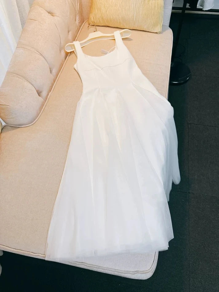 Elegant A Line Square Neck Chiffon White Long Evening Dress Prom Dress