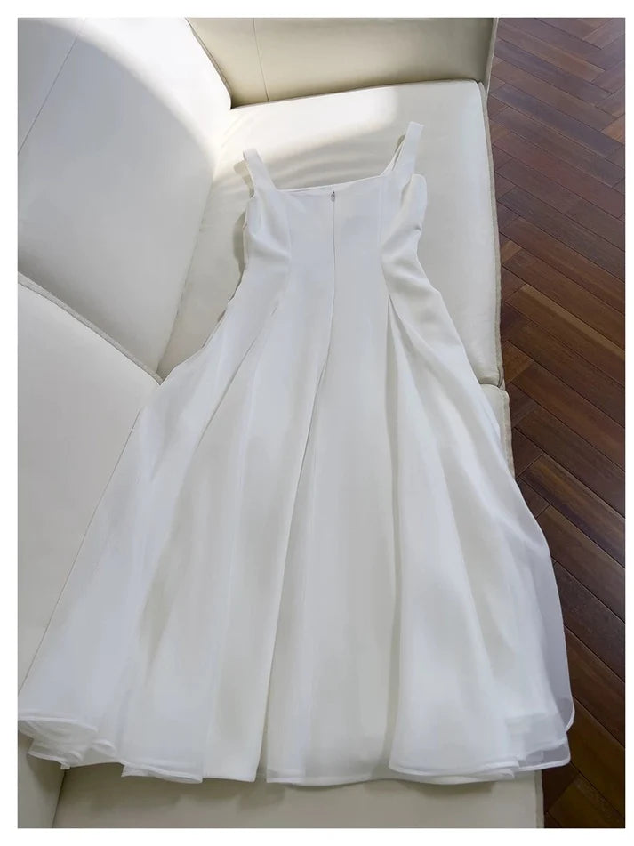 Elegant A Line Square Neck Organza White Long Evening Dress Prom Dress