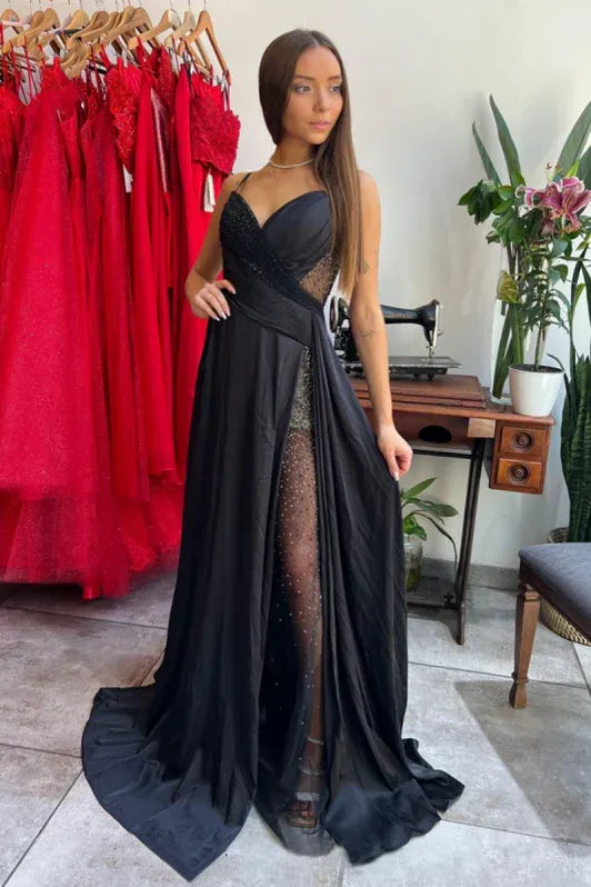 Elegant A Line Sweetheart Corset Beaded Slit Black Train Prom Dress For Women For Sale