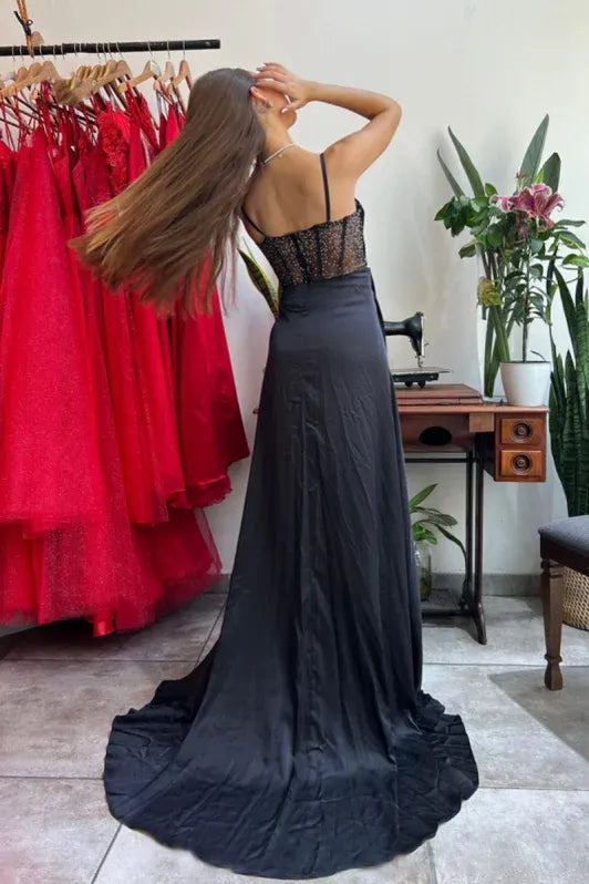 Elegant A Line Sweetheart Corset Beaded Slit Black Train Prom Dress For Women For Sale