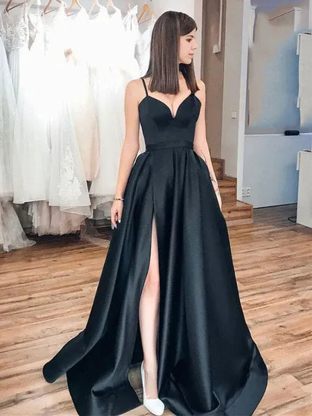 Elegant A Line Sweetheart Slit Satin Black Train Prom Dress With Pocket