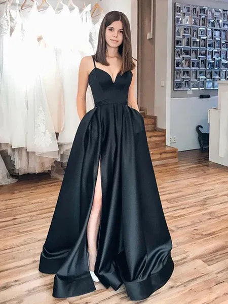 Elegant A Line Sweetheart Slit Satin Black Train Prom Dress With Pocket