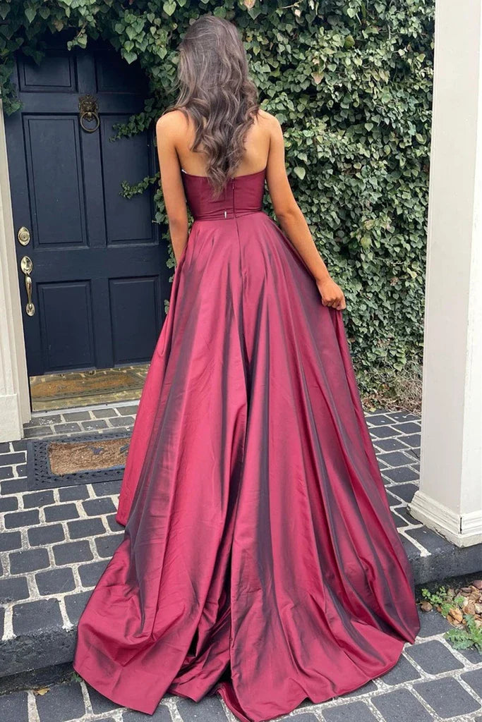 Elegant A Line V Neck Burgundy Floor Length Prom Dress With High Slit