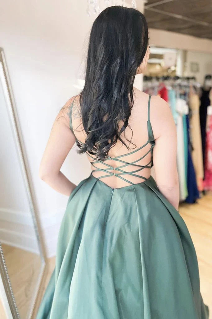 Elegant A Line V Neck Open Back Satin Green Floor Length Prom Dress